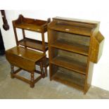 Two mid-20th century sets of open bookshelves, a small oak drop-leaf table and four leather-