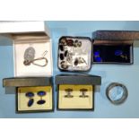 Eight pairs of .925 silver cufflinks, (three pairs boxed), a .925 silver keyring (boxed) and a