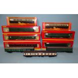 Hornby OO gauge, seven boxed coaches: R456 (x2), R4115B, R4124D, R4131B, R4303B (x2) and three