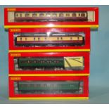 Hornby OO gauge, two boxed BR green Maunsell coaches: R4305E and R4320B, a BR crimson/cream