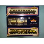 Bachmann OO gauge, three boxed GWR chocolate/cream coaches: 34-125 (x2) and 39-179, (3).