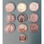 A collection of ten United Kingdom silver bullion coins: 2019 'The Plantagenets' £5 coin, 2020 '