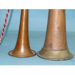 A Köhler & Son, Covent Garden, copper and white metal coaching horn, 118cm long, (repaired) and a