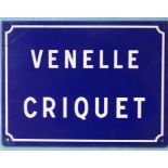 A French enamelled road sign "Venelle Criquet", white font on blue background, 30 x 40cm.