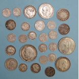 A George III shilling 1787, sixpence 1816, three Victoria shillings 1839, 1884, 1887, sixpence 1887,