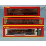 Hornby OO gauge, two boxed BR maroon coaches: R4131A restaurant car and R4409 passenger brake,