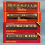 Hornby OO gauge, four boxed GWR chocolate/cream coaches: R436, R454, R456 and R479, with