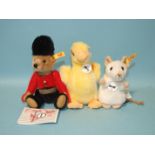 Three small Steiff animals: "Piff" duckling, "Pilla" mouse and a teddy guard, all with ear tags