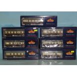 Bachmann OO gauge, seven boxed BR chocolate/cream Mk1 coaches: 39-029A, 39-054 (x2), 39-079, 39-129,