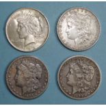 Four USA dollars: 1878, 1883, 1885 and 1922, (4).