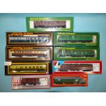 OO gauge, nine various boxed coaches and vans, by Mainline, Dapol, Lima, Replica and Triang, (9).