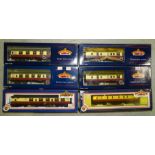 Bachmann OO gauge, six boxed BR crimson/cream coaches: 34-425, 34-326, 39-027B, 39-152, 39-077 (x2),