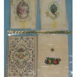 A painted silk and embossed paper Valentine with embossed envelope, two American Valentines and