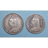 A Queen Victoria 1887 double-florin and an 1889 crown, (2).