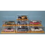Danbury Mint, seven classic 1940's/50's cars in display cases with wooden plinths, (no boxes), (7).