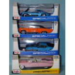 Maisto, four 1:18 diecast cars: 1965 Chevrolet Corvette, 1965 Pontiac GTO, Porsche 556A Spyder and