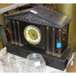 A marble case mantel clock of architectural design, 32cm high, a brass shell case, 64cm high, a pair
