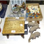 An elm foot stool/trivet, a silver skewer, 14cm long, a stone chess set and miscellaneous items.