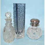 A modern cut-glass globular shape scent bottle with embossed silver hinged lid and mount, Birmingham