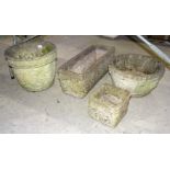 A concrete garden pot, 34cm high, 42cm diameter, a rectangular concrete garden trough, 67 x 25cm,