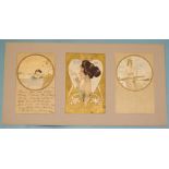 A collection of twelve postcards by Raphael Kirchner, framed as four sets of three, (stuck-down on