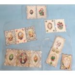 Six one-fold and two-fold Victorian greetings cards embellished with paper lace, silk panels and