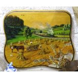 J E Lynn, a hand-painted wood panel depicting a steam train, with figures harvesting in the