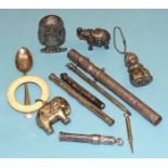 Three various silver pencils, two EPNS novelty rattles and other items.