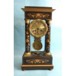 A 19th century French marquetry portico clock, the movement and dial suspended within gilt metal-