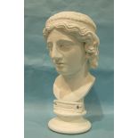 A plaster bust of a Greek figure, possibly Artemis, on socle, 53cm high.