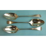 Three George III Old English pattern silver tablespoons, London 1788, marks rubbed, possibly