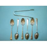 A set of six silver shell-bowl teaspoons with sugar tongs, Sheffield 1936, ___2.5oz.