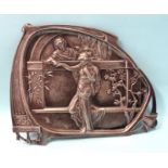 A WMF Art Nouveau pewter shaped hanging wall plaque depicting 'Romeo & Juliet', 29 x 24cm, stamped