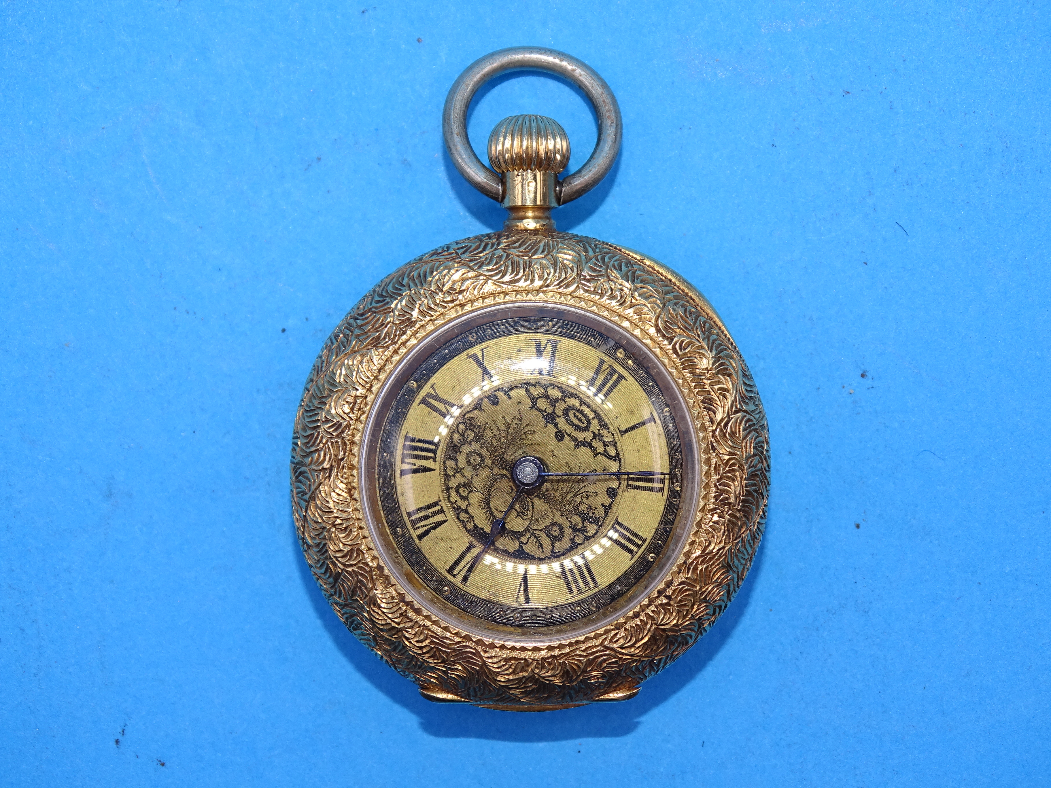 A ladies 18ct gold-cased open-face pocket watch, the engraved gilt dial within floral-engraved case,