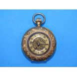 A ladies 18ct gold-cased open-face pocket watch, the engraved gilt dial within floral-engraved case,