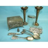 Two silver-lidded cut-glass dressing table pots, a pair of silver spill vases, (a/f), five silver