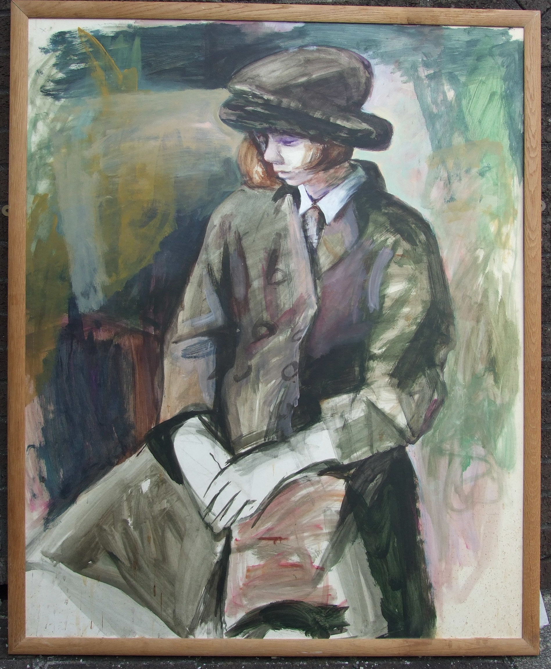 Noel George Ellis (1917-1998) A STUDY OF A YOUNG GIRL WEARING A HAT AND A GREEN COAT Acrylic on