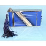 An Art Deco chrome plate and blue enamel combination compact/cigarette case/lipstick in the form