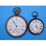 Waltham, a gold-plated keyless open-face pocket watch, 50mm, the signed white enamelled dial with