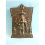 An antique bronze shield piece depicting Virabhadra, with hand-hold strap to the reverse, 28 x 19cm.