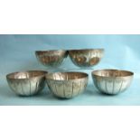 Five white metal food bowls with engraved border decoration, 5cm high, 10cm diameter, ___11oz.