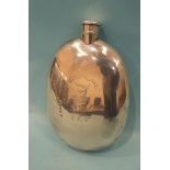 A Victorian silver spirit flask of plain flattened form, with separate screw top, engraved with a