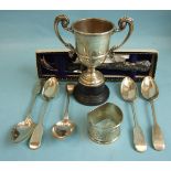 A small silver two-handled trophy cup, 9cm high, with inscription, Chester 1926, on plinth, a modern