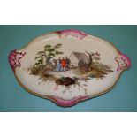A Meissen porcelain tray with shaped rim, painted with Cossack figures in rural pursuits, crossed