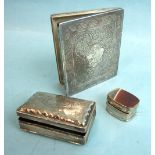 An Asian white metal case decorated with flowers and leaves, 8 x 9cm, a white metal snuff box, 7 x