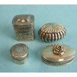 Three small silver pill boxes and a Continental rectangular box and cover, (4).