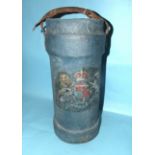 An antique canvas-covered fire bucket/cartridge holder of cylindrical form, bearing the British coat