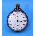 A gun-metal-cased chronograph keyless pocket watch, the white enamel dial with Roman numerals,