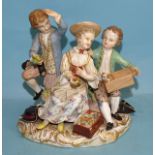 A small 19th century Meissen porcelain group of a young girl and two admirers, 15cm high, (damages).