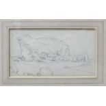 Late-19th/early-20th century COASTAL VILLAGE WITH HARBOUR Unsigned pencil sketch, 9.5 x 6.5cm, later